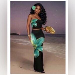 New Arrivals! Black Strapless Floral 2pc Maxi Skirt Set .